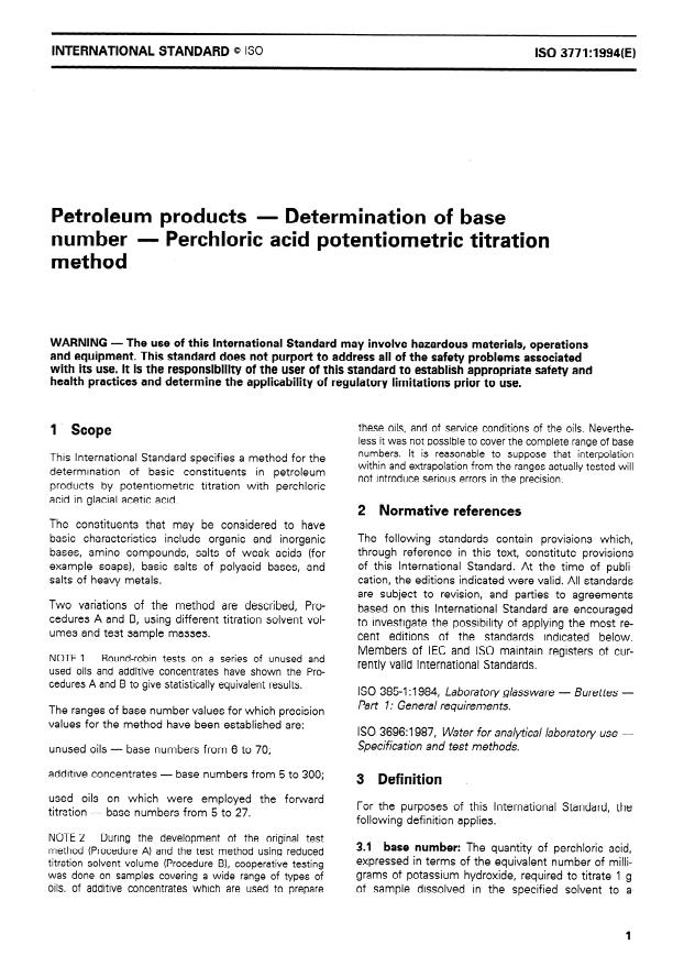 ISO 3771:1994 - Petroleum products -- Determination of base number -- Perchloric acid potentiometric titration method