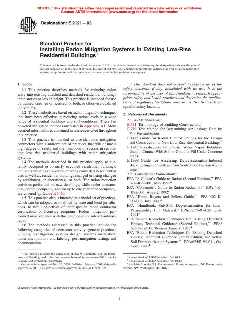 ASTM E2121-03 - Standard Practice for Installing Radon Mitigation Systems in Existing Low-Rise Residential Buildings