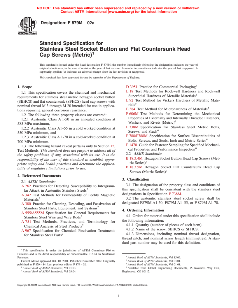 ASTM F879M-02a - Standard Specification for Stainless Steel Socket Button and Flat Countersunk Head Cap Screws [Metric]