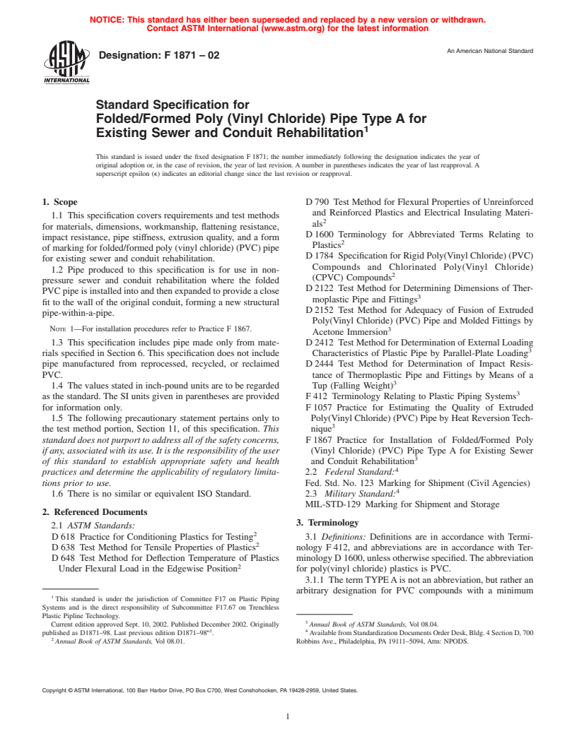 ASTM F1871-02 - Standard Specification for Folder/Formed Poly (Vinyl Chloride) Pipe Type A for Existing Sewer and Conduit Rehabilitation