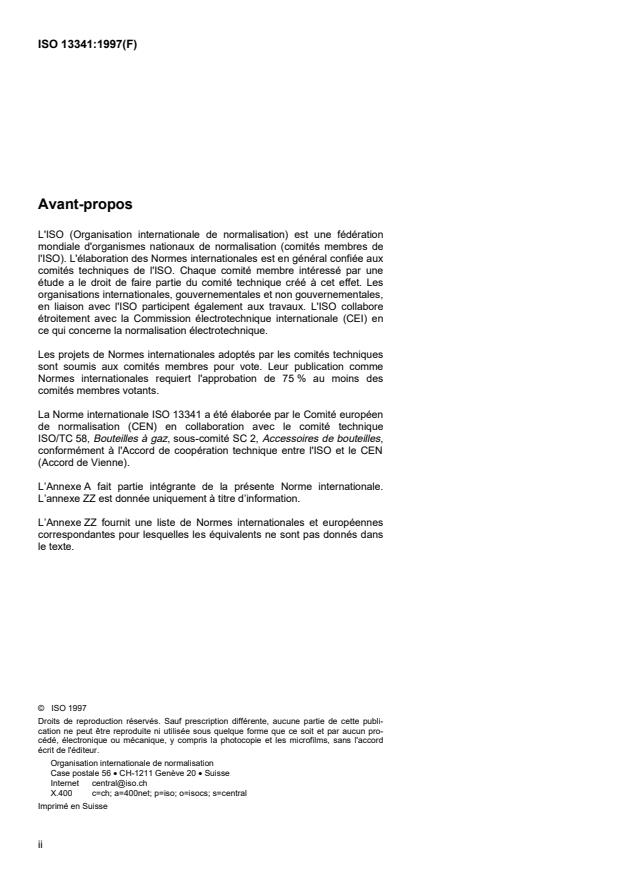 ISO 13341:1997 ISO 13341:1997 - Bouteilles a gaz transportables -- Montage des robinets sur les bouteilles a gaz - Page 2 preview