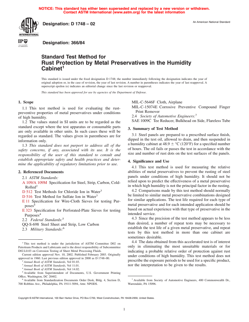 ASTM D1748-02 - Standard Test Method for Rust Protection by Metal Preservatives in the Humidity Cabinet