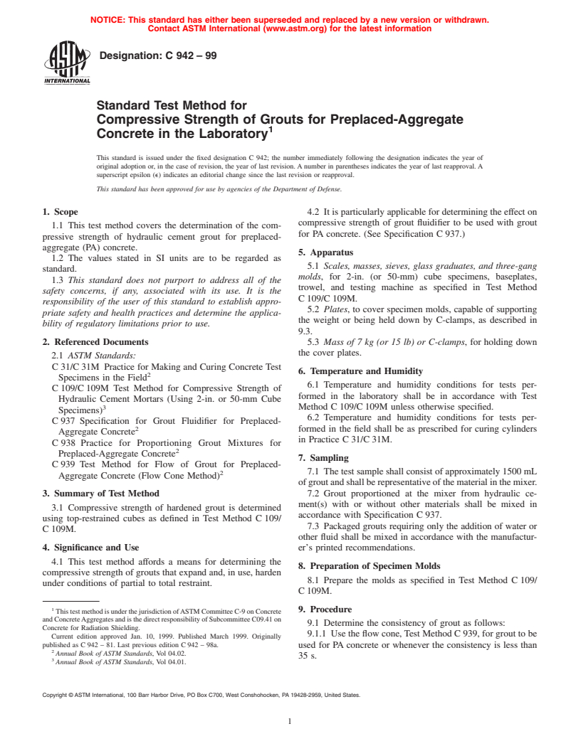 ASTM C942-99 - Standard Test Method for Compressive Strength of Grouts for Preplaced-Aggregate Concrete in the Laboratory