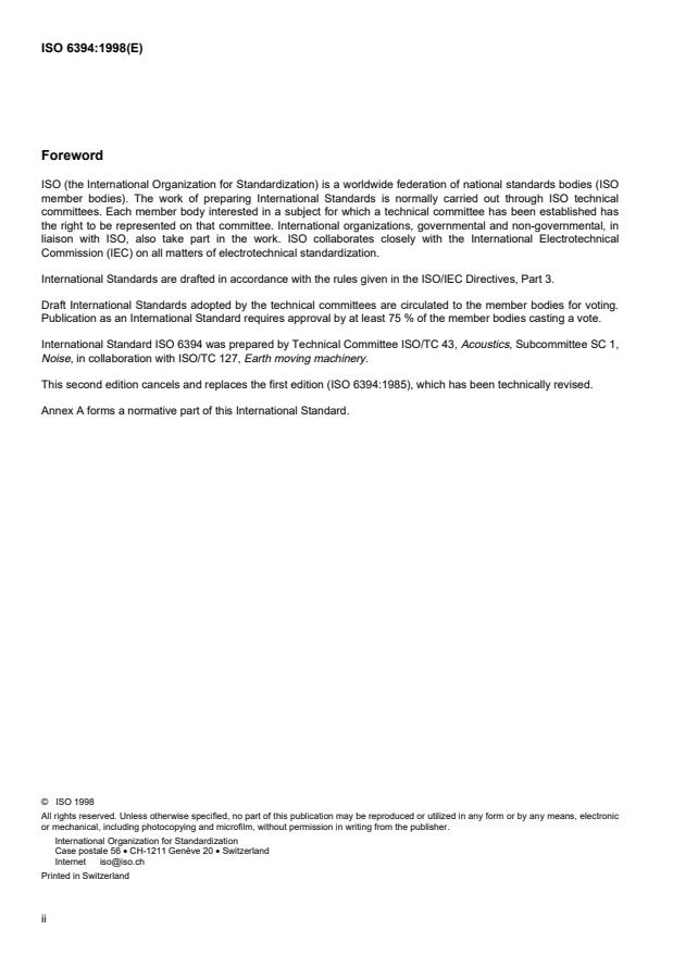 ISO 6394:1998 ISO 6394:1998 - Acoustics -- Measurement at the operator's position of noise emitted by earth-moving machinery -- Stationary test conditions - Page 2 preview