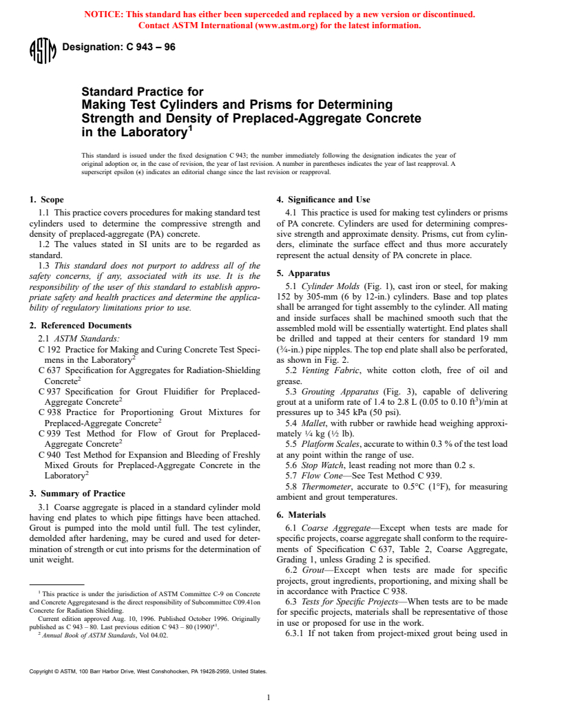 ASTM C943-96 - Standard Practice for Making Test Cylinders and Prisms for Determining Strength and Density of Preplaced-Aggregate Concrete in the Laboratory