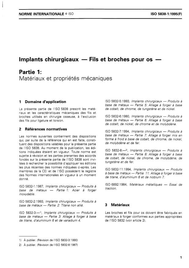 ISO 5838-1:1995 - Implants chirurgicaux -- Fils et broches pour os