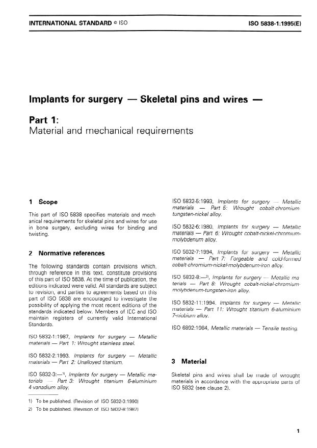 ISO 5838-1:1995 - Implants for surgery -- Skeletal pins and wires