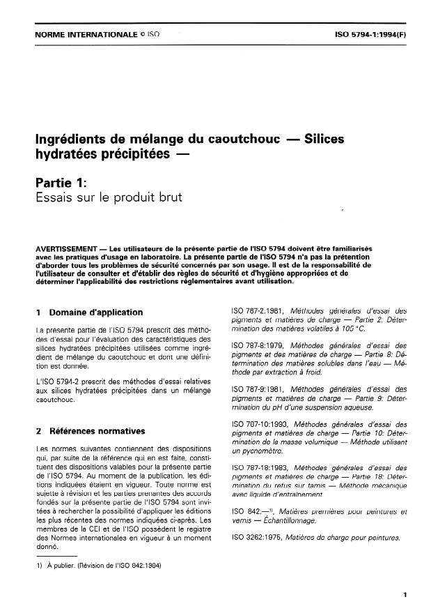 ISO 5794-1:1994 - Ingrédients de mélange du caoutchouc -- Silices hydratées précipitées