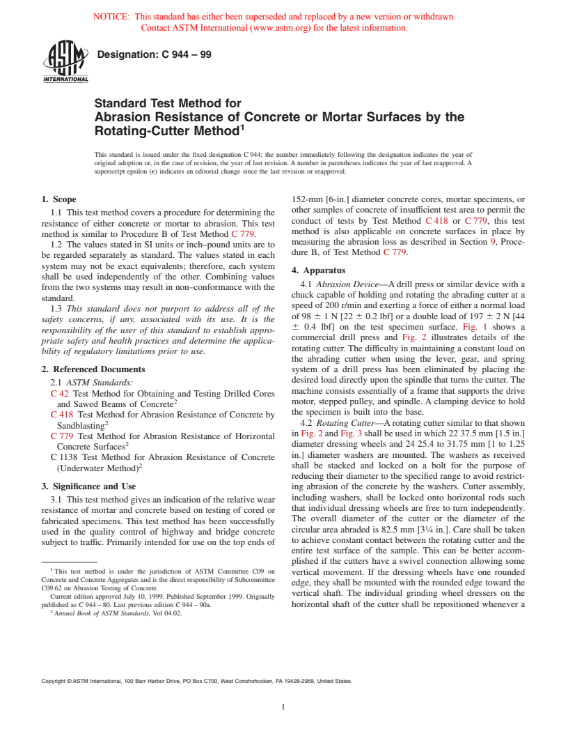 ASTM C944-99 - Standard Test Method for Abrasion Resistance of Concrete or Mortar Surfaces by the Rotating-Cutter Method