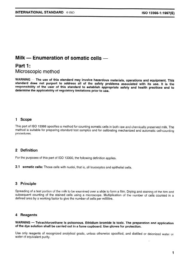 ISO 13366-1:1997 - Milk -- Enumeration of somatic cells