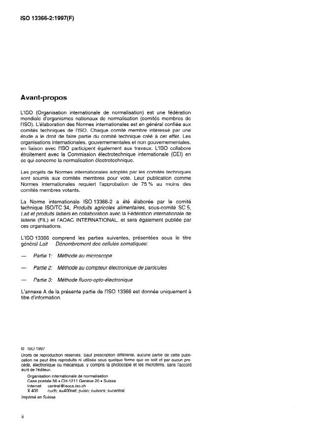 ISO 13366-2:1997 ISO 13366-2:1997 - Lait -- Dénombrement des cellules somatiques - Page 2 preview