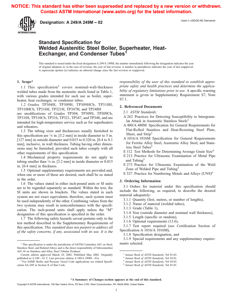 ASTM A249/A249M-02 - Standard Specification for Welded Austenitic Steel Boiler, Superheater, Heat-Exchanger, and Condenser Tubes