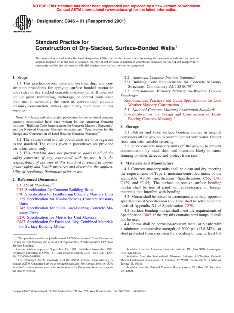 ASTM C946-91(2001) - Standard Practice for Construction of Dry-Stacked, Surface-Bonded Walls