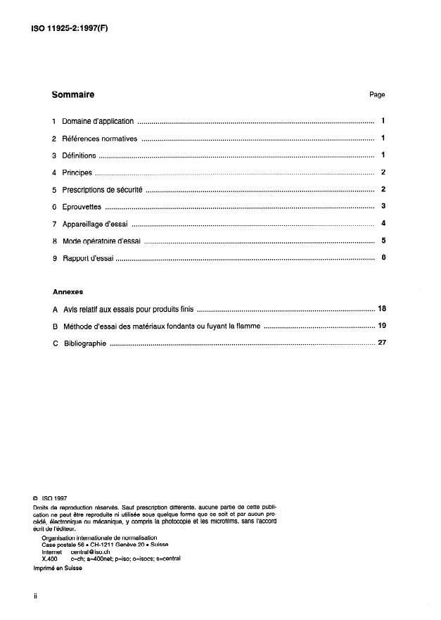 ISO 11925-2:1997 ISO 11925-2:1997 - Essais de réaction au feu -- Allumabilité des produits du bâtiment soumis a l'incidence directe de la flamme - Page 2 preview