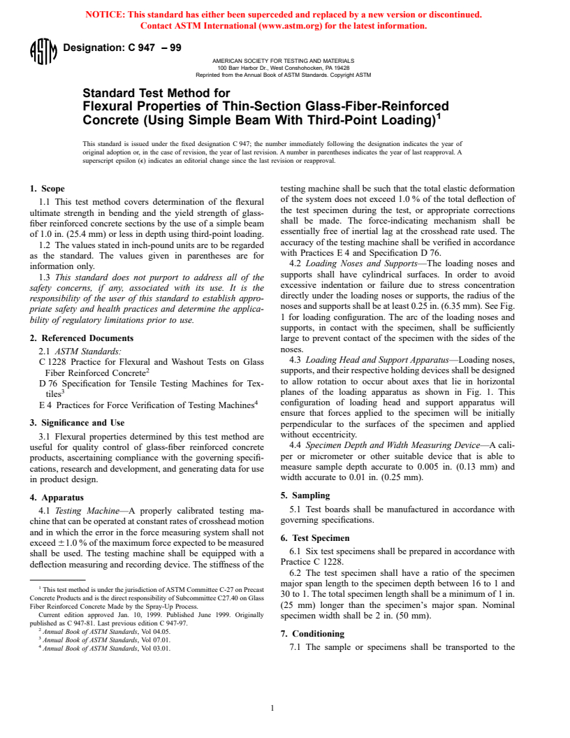 ASTM C947-99 - Standard Test Method for Flexural Properties of Thin-Section Glass-Fiber-Reinforced Concrete (Using Simple Beam With Third-Point Loading)