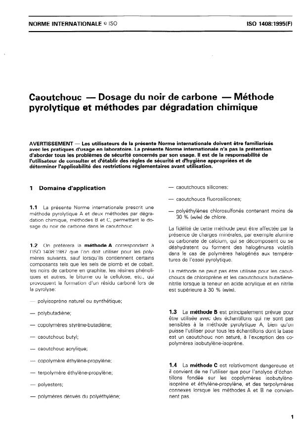 ISO 1408:1995 - Caoutchouc -- Dosage du noir de carbone -- Méthode pyrolytique et méthodes par dégradation chimique