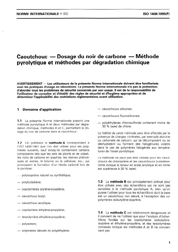 ISO 1408:1995 - Caoutchouc -- Dosage du noir de carbone -- Méthode pyrolytique et méthodes par dégradation chimique
