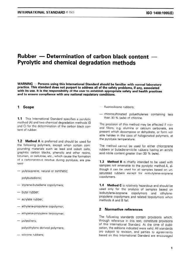 ISO 1408:1995 - Rubber -- Determination of carbon black content -- Pyrolytic and chemical degradation methods