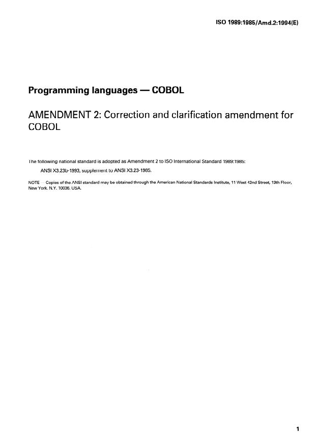 ISO 1989:1985/Amd 2:1994 - Correction and clarification amendment for COBOL