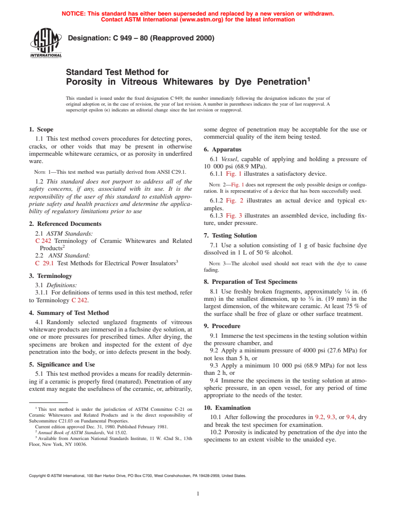 ASTM C949-80(2000) - Standard Test Method for Porosity in Vitreous Whitewares by Dye Penetration