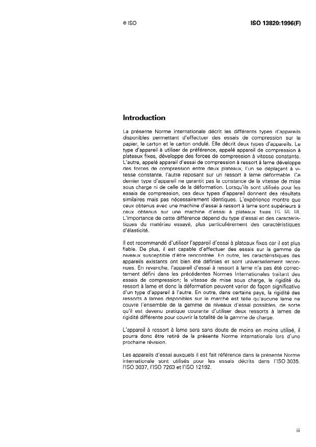 ISO 13820:1996 - Papier, carton et carton ondulé -- Description et étalonnage du matériel pour essai de compression