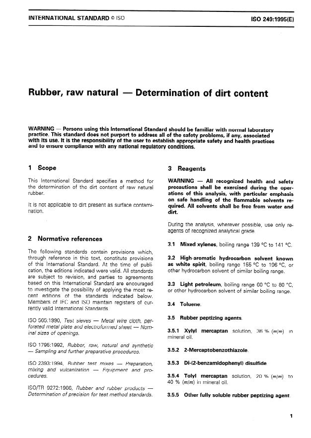 ISO 249:1995 - Rubber, raw natural -- Determination of dirt content