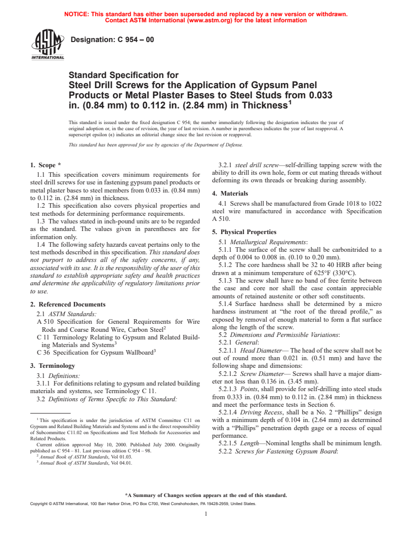 ASTM C954-00 - Standard Specification for Steel Drill Screws for the Application of Gypsum Panel Products or Metal Plaster Bases to Steel Studs From 0.033 in. (0.84 mm) to 0.112 in. (2.84 mm) in Thickness