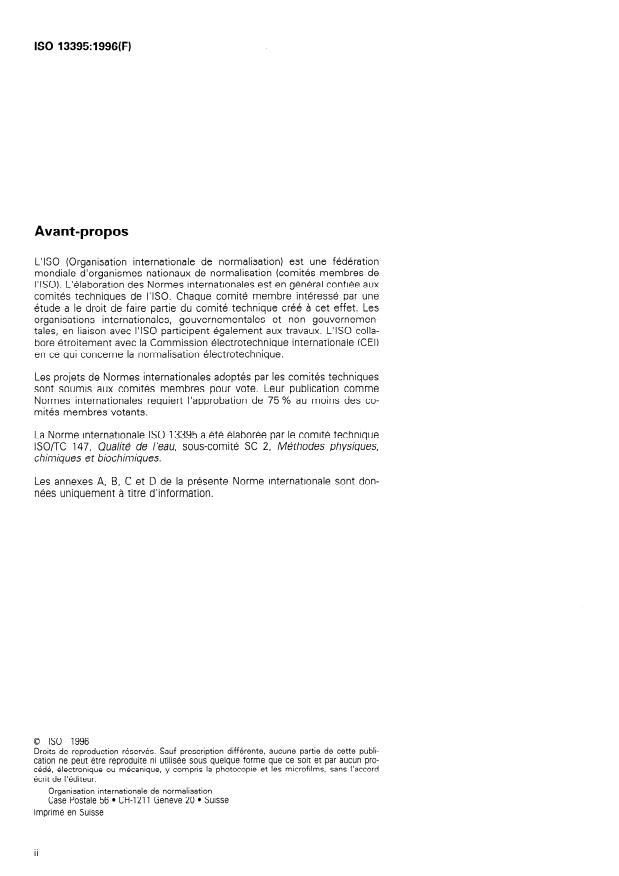 ISO 13395:1996 ISO 13395:1996 - Qualité de l'eau -- Détermination de l'azote nitreux et de l'azote nitrique et de la somme des deux par analyse en flux (CFA et FIA) et détection spectrométrique - Page 2 preview