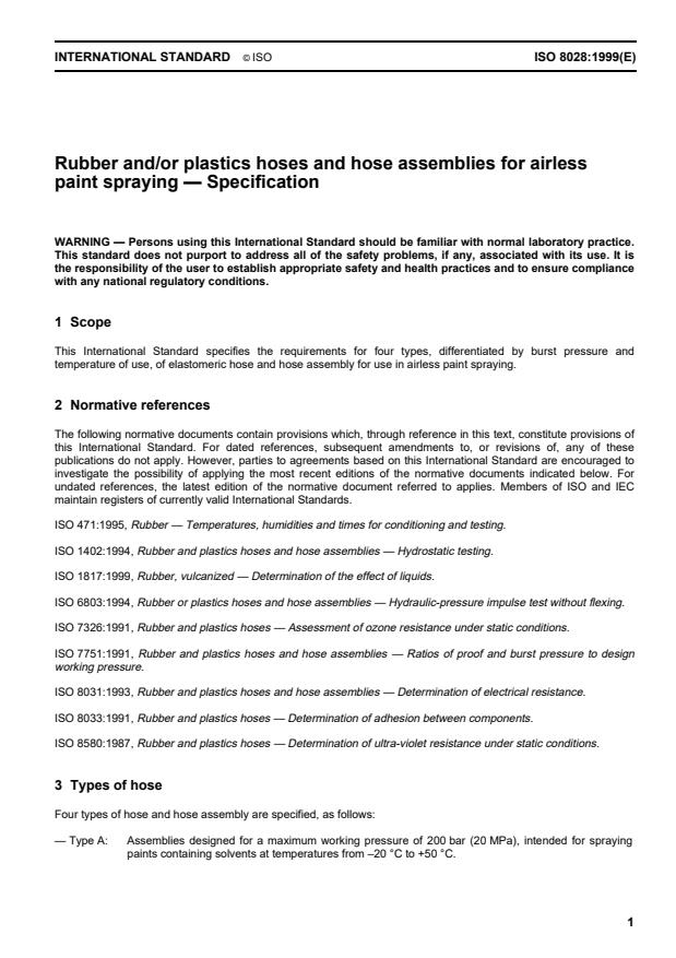 ISO 8028:1999 - Rubber and/or plastics hoses and hose assemblies for airless paint spraying -- Specification