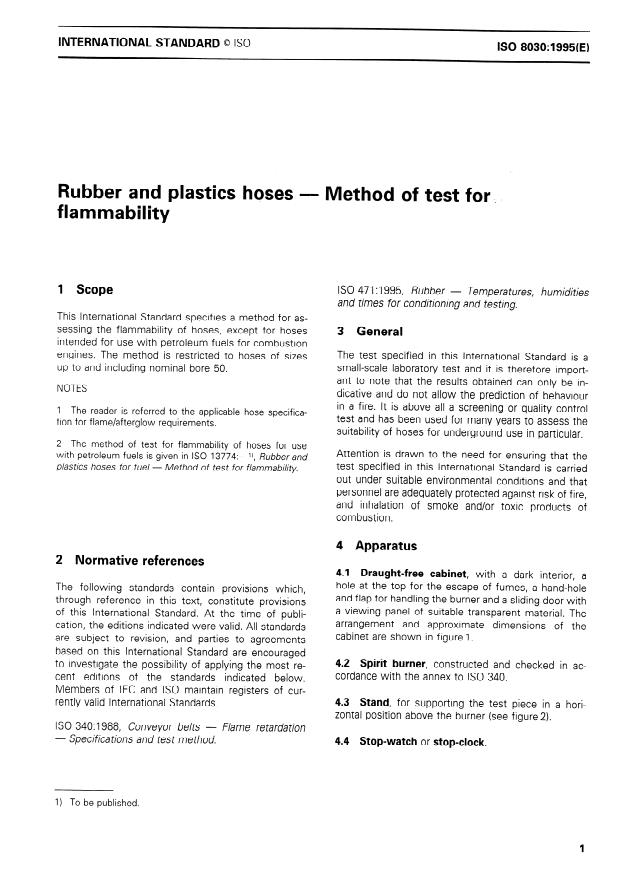 ISO 8030:1995 - Rubber and plastics hoses -- Method of test for flammability