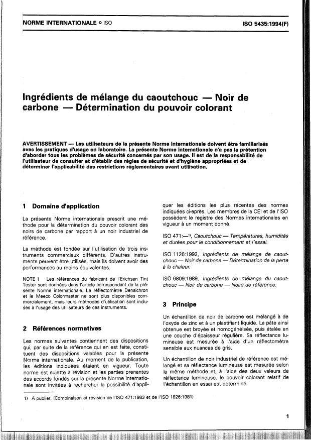 ISO 5435:1994 - Ingrédients de mélange du caoutchouc -- Noir de carbone -- Détermination du pouvoir colorant