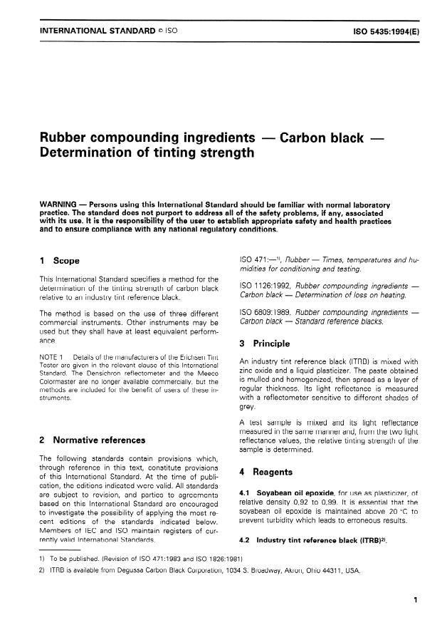 ISO 5435:1994 - Rubber compounding ingredients -- Carbon black -- Determination of tinting strength