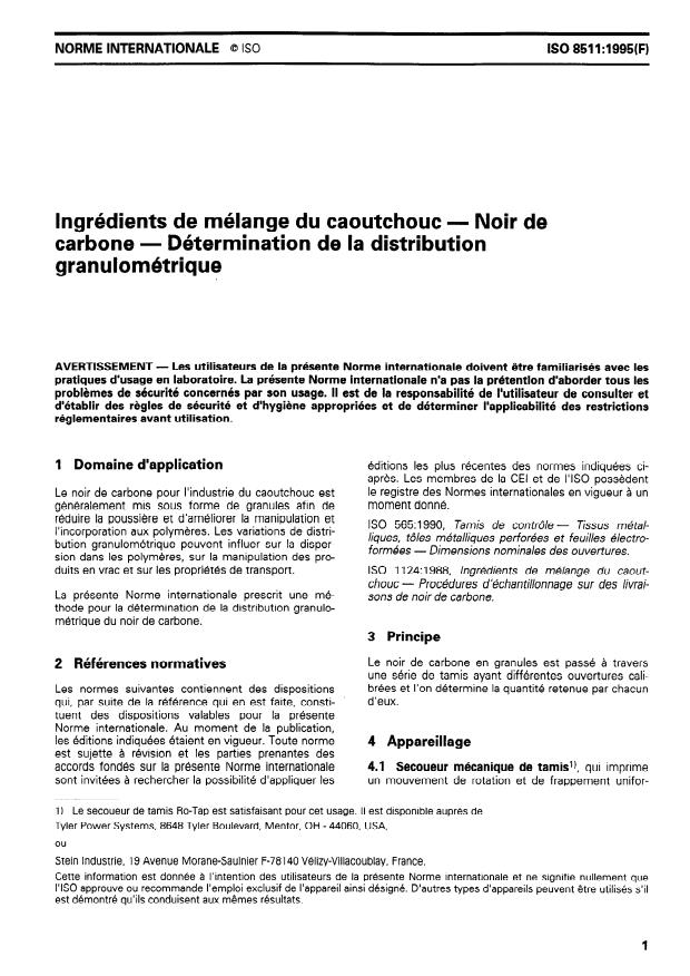 ISO 8511:1995 - Ingrédients de mélange du caoutchouc -- Noir de carbone -- Détermination de la distribution granulométrique