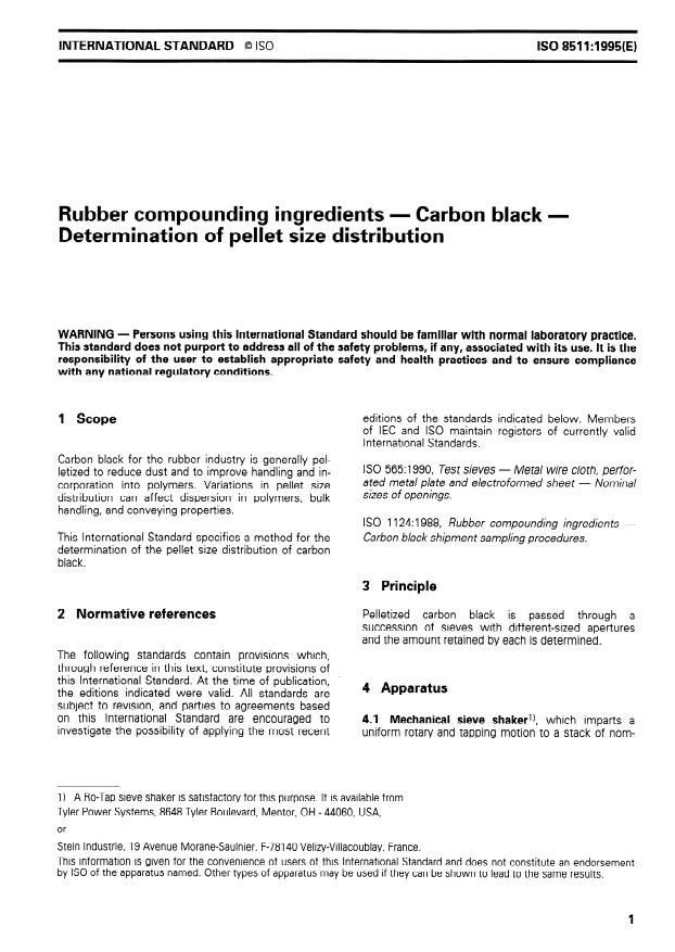 ISO 8511:1995 - Rubber compounding ingredients -- Carbon black -- Determination of pellet size distribution
