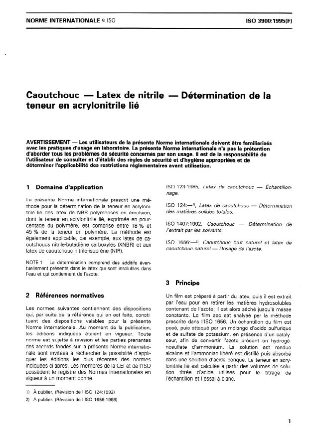 ISO 3900:1995 - Caoutchouc -- Latex de nitrile -- Détermination de la teneur en acrylonitrile lié