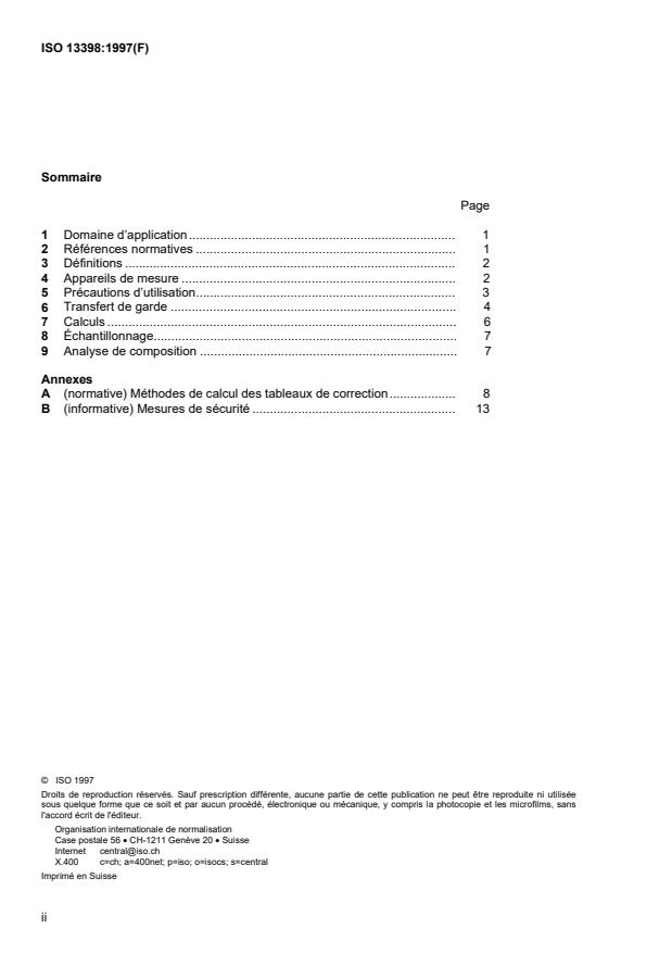 ISO 13398:1997 ISO 13398:1997 - Hydrocarbures légers réfrigérés -- Gaz naturels liquéfiés -- Procédure de transfert de garde a bord des navires - Page 2 preview