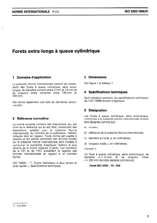 ISO 3292:1995 - Forets extra-longs a queue cylindrique