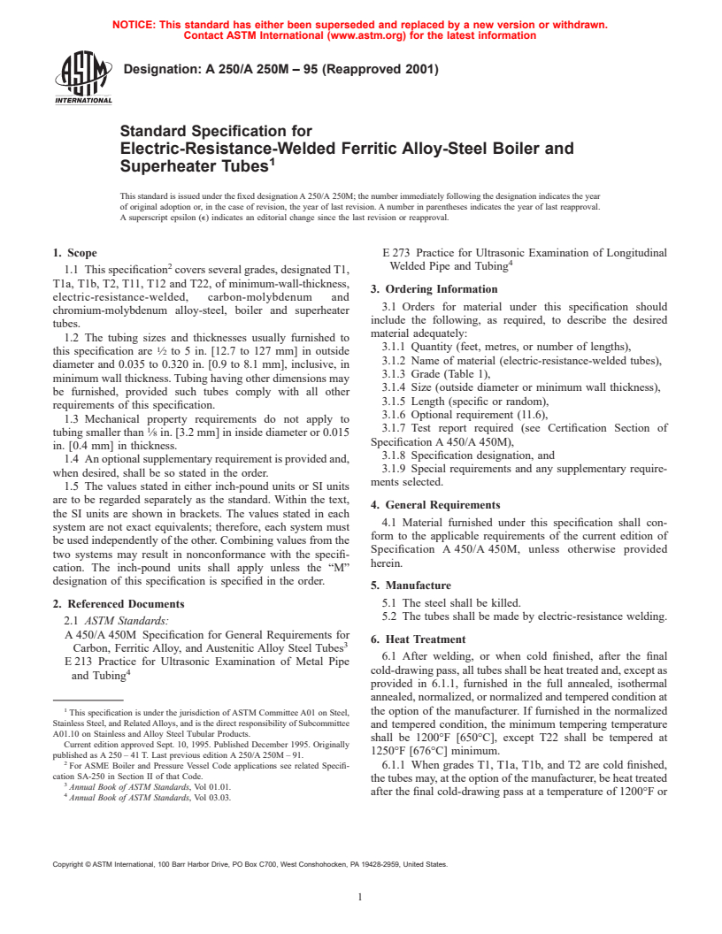 ASTM A250/A250M-95(2001) - Standard Specification for Electric-Resistance-Welded Ferritic Alloy-Steel Boiler and Superheater Tubes