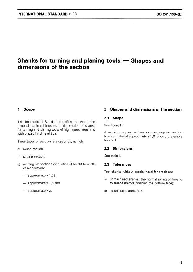 ISO 241:1994 - Shanks for turning and planing tools -- Shapes and dimensions of the section