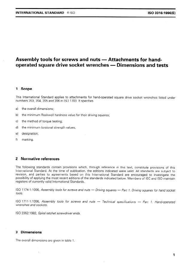 ISO 3316:1996 - Assembly tools for screws and nuts -- Attachments for hand-operated square drive socket wrenches -- Dimensions and tests