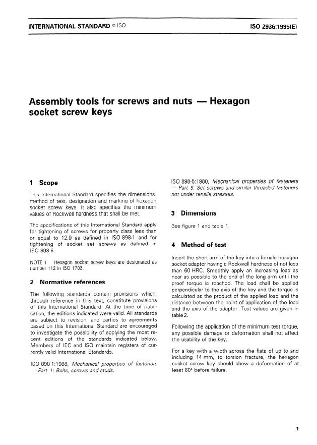 ISO 2936:1995 - Assembly tools for screws and nuts -- Hexagon socket screw keys