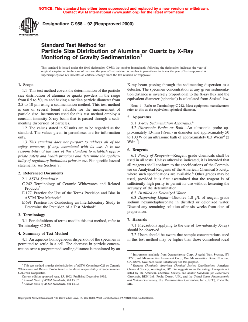 ASTM C958-92(2000) - Standard Test Method for Particle Size Distribution of Alumina or Quartz by X-Ray Monitoring of Gravity Sedimentation