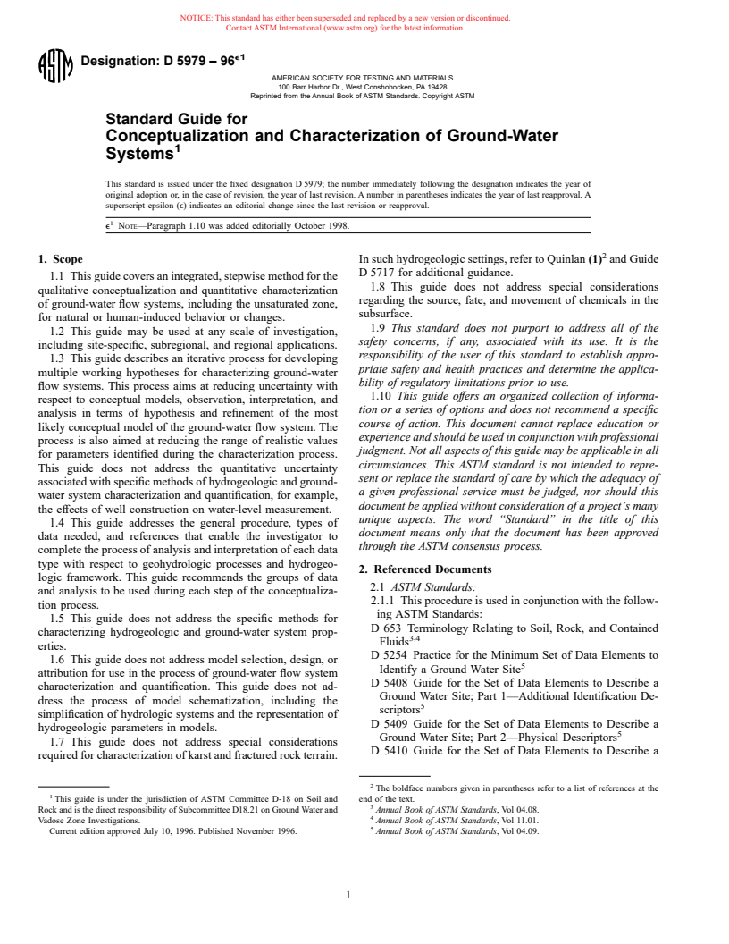 ASTM D5979-96e1 - Standard Guide for Conceptualization and Characterization of Ground-Water Systems