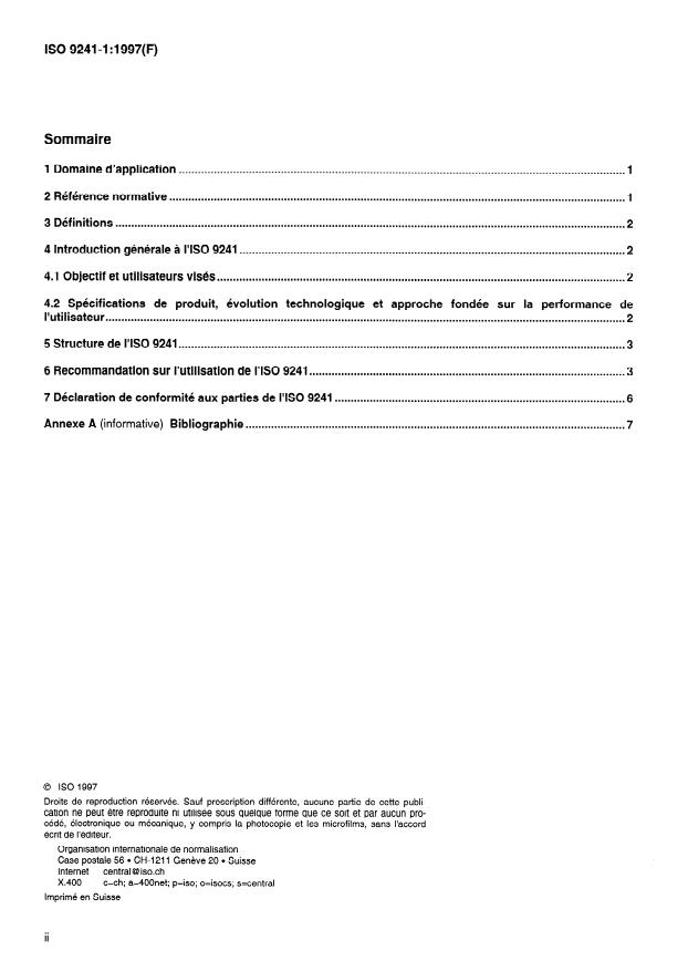 ISO 9241-1:1997 ISO 9241-1:1997 - Exigences ergonomiques pour travail de bureau avec terminaux a écrans de visualisation (TEV) - Page 2 preview