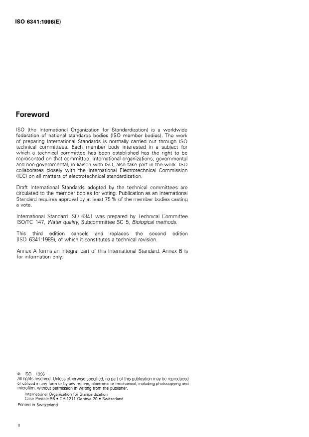 ISO 6341:1996 ISO 6341:1996 - Water quality -- Determination of the inhibition of the mobility of Daphnia magna Straus (Cladocera, Crustacea) -- Acute toxicity test - Page 2 preview