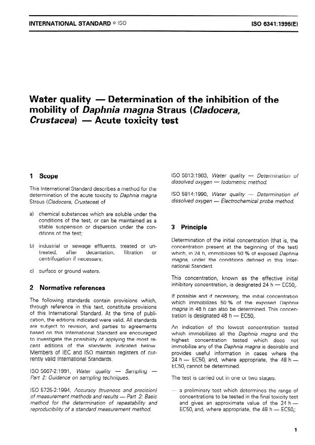 ISO 6341:1996 - Water quality -- Determination of the inhibition of the mobility of Daphnia magna Straus (Cladocera, Crustacea) -- Acute toxicity test