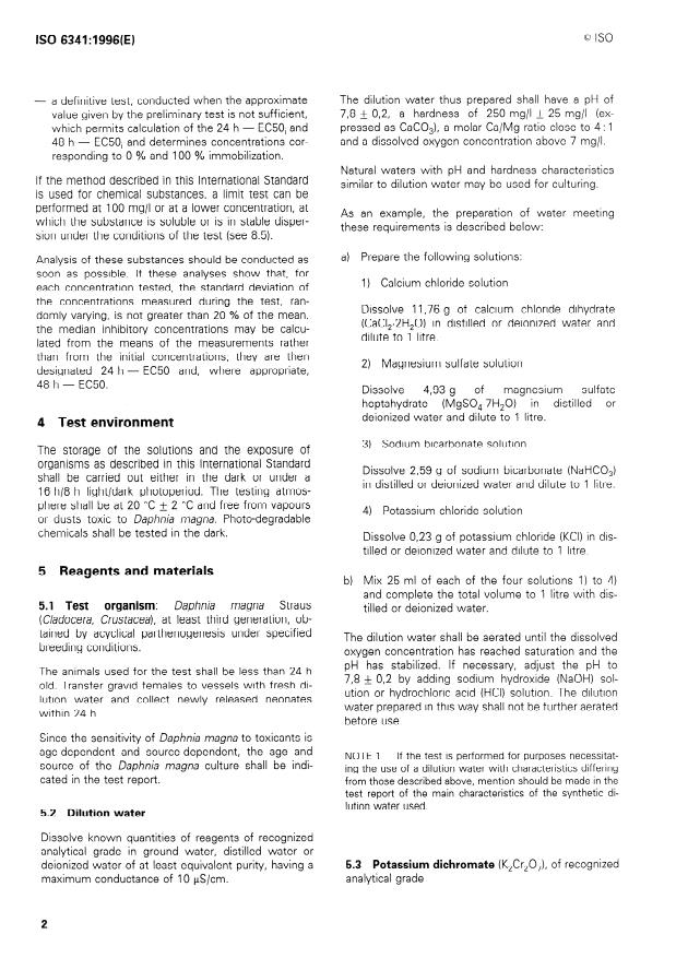 ISO 6341:1996 ISO 6341:1996 - Water quality -- Determination of the inhibition of the mobility of Daphnia magna Straus (Cladocera, Crustacea) -- Acute toxicity test - Page 4 preview