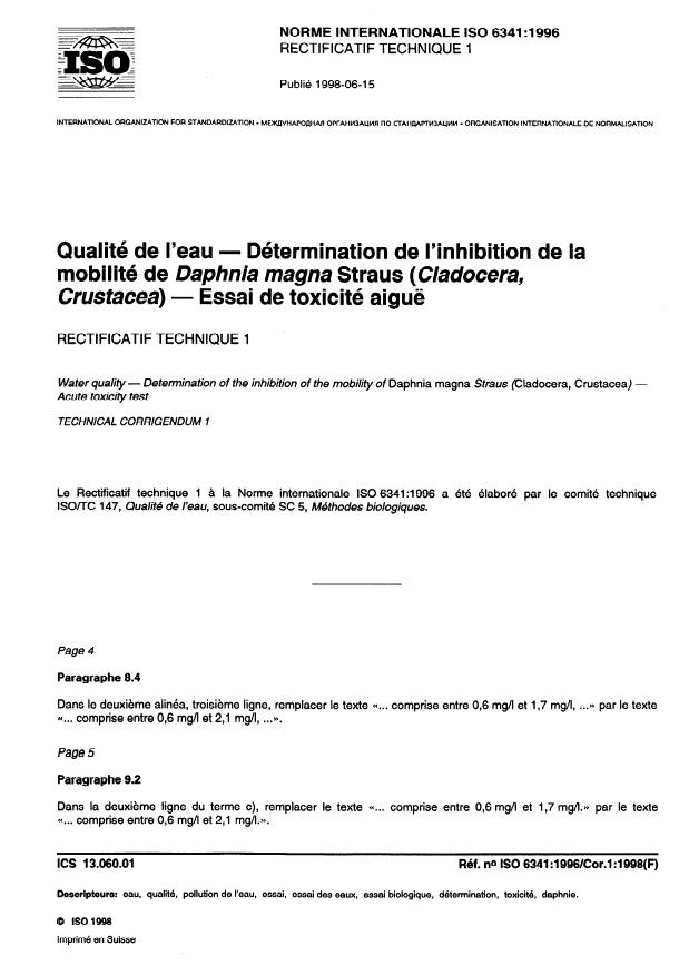 ISO 6341:1996 - Qualité de l'eau -- Détermination de l'inhibition de la mobilité de Daphnia magna Straus (Cladocera, Crustacea) -- Essai de toxicité aiguë