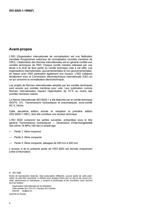 ISO 6020-1:1998 ISO 6020-1:1998 - Transmissions hydrauliques -- Dimensions d'interchangeabilité des vérins 16 MPa (160 bar) a simple tige - Page 2 preview