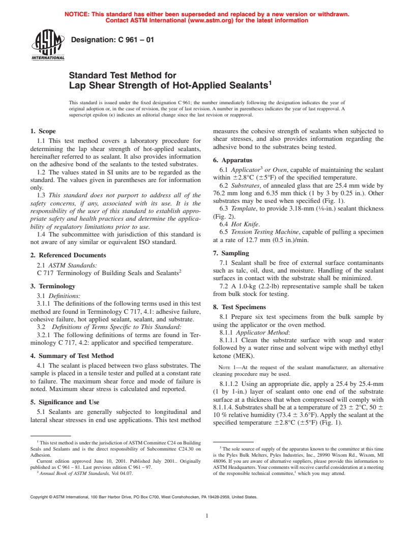 ASTM C961-01 - Standard Test Method for Lap Shear Strength of Hot-Applied Sealants